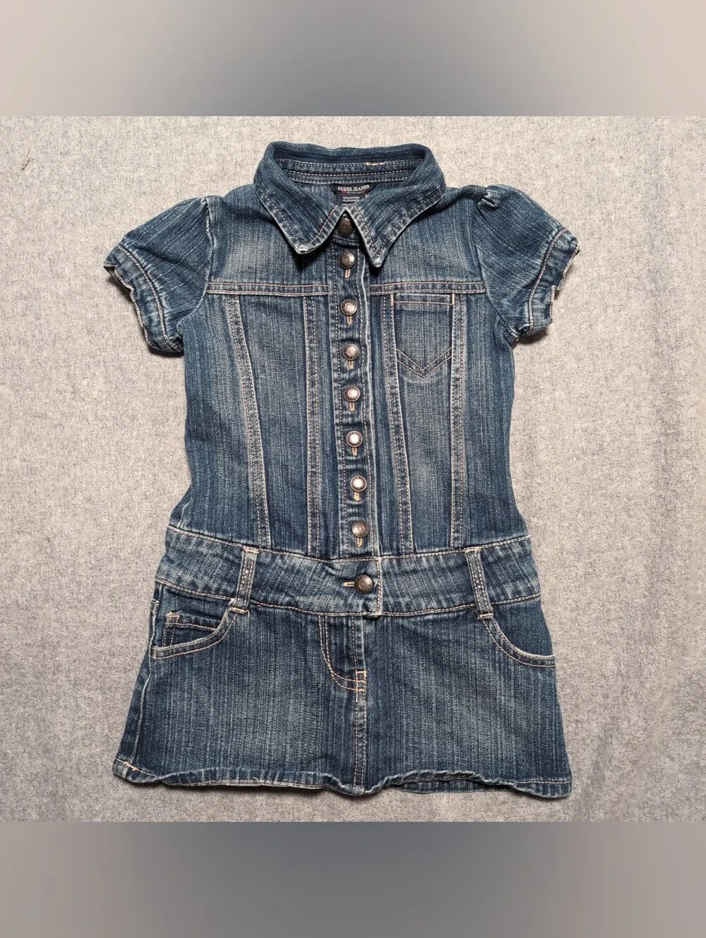 VTG Y2K GUESS Denim Button Down Short Sleeve Dress Size Medium 5/6 Rhinestone